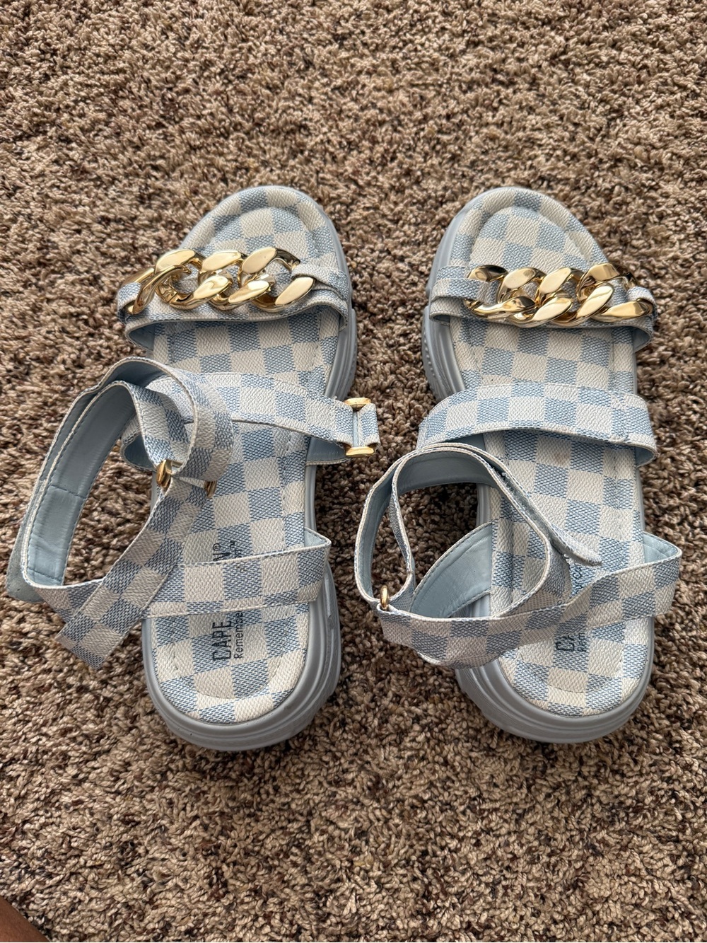 Cape Robbin Light Blue Check Kids Sandals with Gold Chain